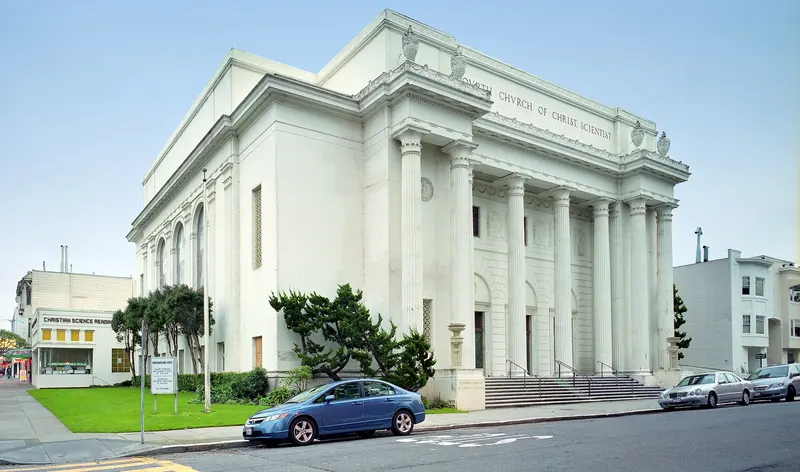 The Internet Archive's headquarters, a white neoclassical former church with tall columns, in San Francisco